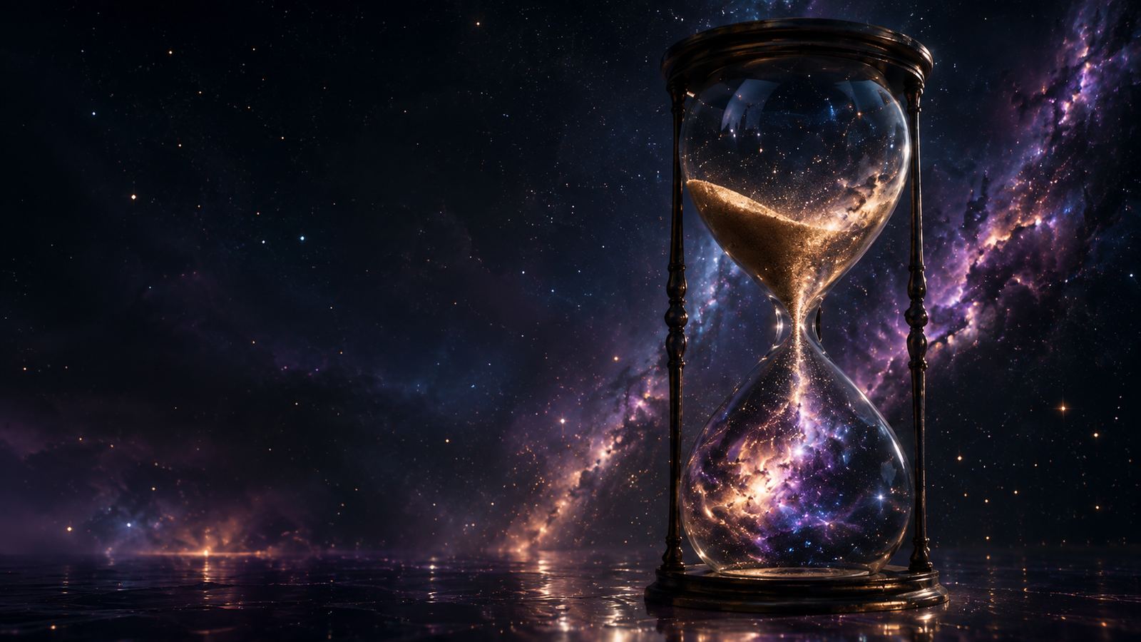 A glass hourglass standing against a starfield, gold sand falling through it into a violet nebula.